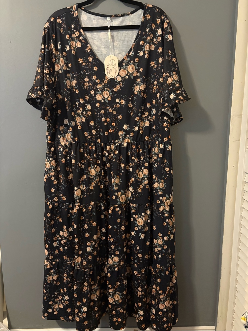 Black Floral V-Neck Tiered Midi Dress with Peach Blooms